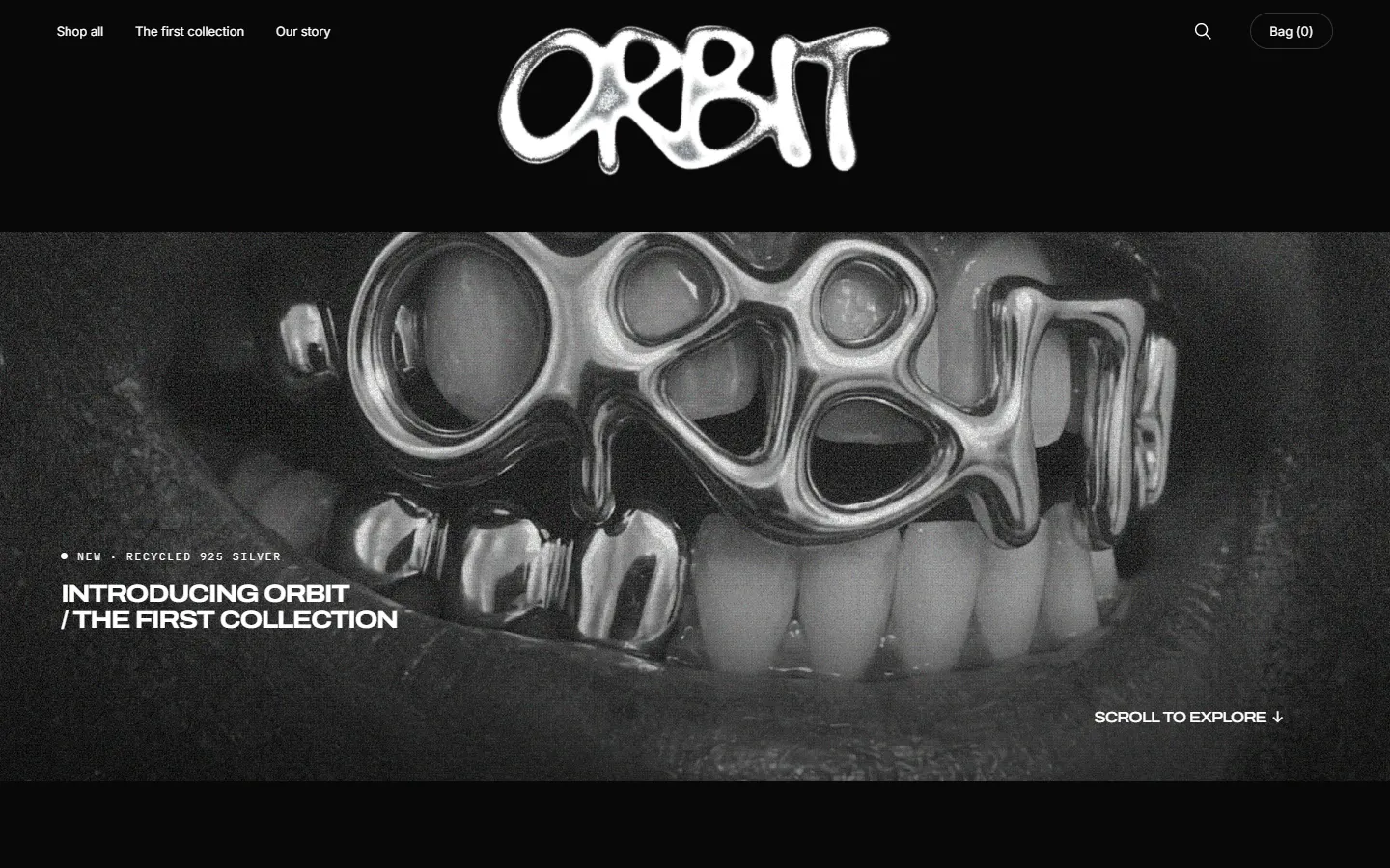 The first screen of the ORBIT storefront, a concept e-commerce site for recycled 925 silver jewelry