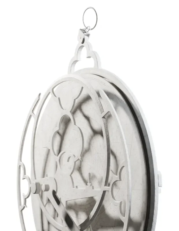 The plaster astrolabe from the side, hanging from its ring