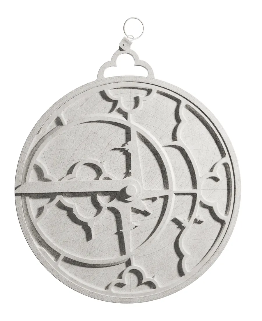 A white plaster astrolabe, its rule turned to nine o’clock