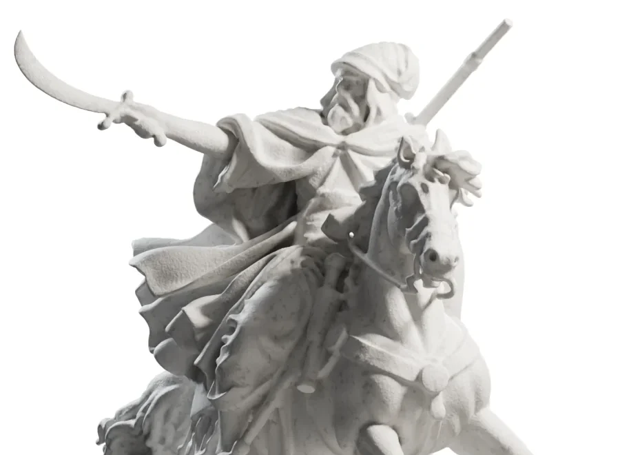 Close on the plaster cavalier: the rider’s raised sabre and the horse’s head