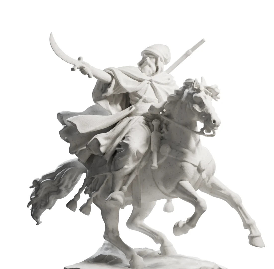 A white plaster statue of a desert cavalier on a rearing horse, his sabre raised
